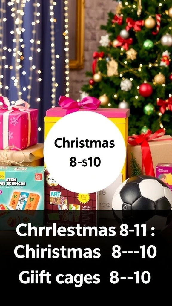 Christmas Gift Ideas for Ages 8-10 A collection of Christmas gifts for kids, including a science kit, art supplies, and sports equipment, surrounded by holiday decorations.
